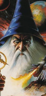 A mystical wizard stands in a cosmic landscape with planets in the background.