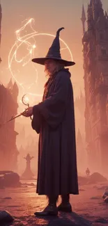 A mystical wizard in a fantasy city with warm lighting and magical ambiance.