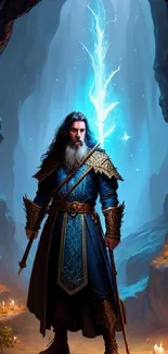 A mystical wizard in a blue-lit cave holding a glowing staff.