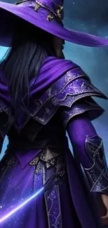 Wizard in purple robe with cosmic background