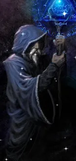 Hooded wizard casts glowing magical spell.