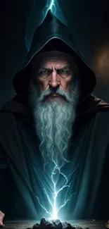 Wizard with lightning and candle casting a spell in dark hooded cloak.