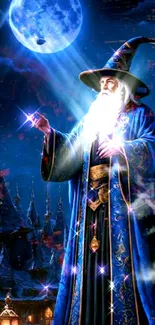 Mystical wizard in moonlit blue nightscape, perfect for fantasy fans.