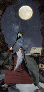 Mystical wizard in cloak under a full moon with starry night sky.