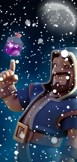 Fantasy wallpaper featuring a wizard under a snowy moonlit sky holding a potion.