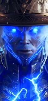 A mystical wizard surrounded by blue lightning, wearing a hat and ornate armor.