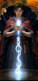 Enchanting wizard with magical symbols on dark background.