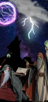 Wizards casting spells under a cosmic night sky with lightning.