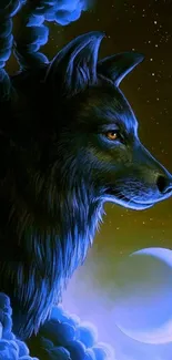 Mystical wolf and crescent moon mobile wallpaper in blue hues.