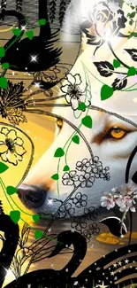 Mystical wolf abstract art with floral and wildlife elements.