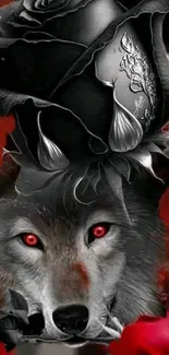 Wallpaper of a mystical wolf with a black rose in dark red ambiance.