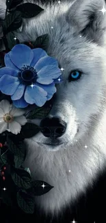 White wolf with blue flower in eye-catching mobile wallpaper.