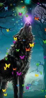 Mystical wolf with glowing butterflies under a moonlit sky.