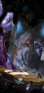 Mystical wolf, car, and flowers in galaxy art wallpaper.