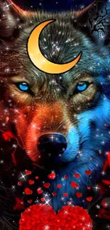 Mystical wolf with crescent moon and red roses wallpaper.