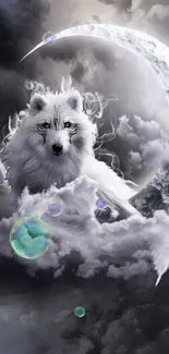 Mystical wolf with crescent moon and clouds in a dark fantasy scene.