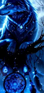 Mystical blue wolf with dreamcatcher art.