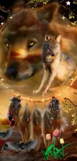 Mystical wolf art with dreamcatchers in a forest setting.