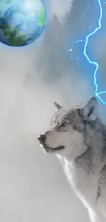 Wolf gazes at Earth with electric blue lightning.