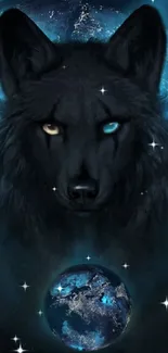 Mystical wolf with heterochromatic eyes and Earth in a cosmic background.