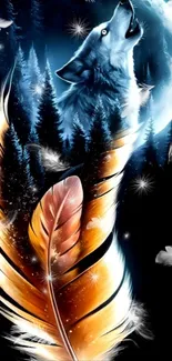 A wolf howling at the moon beside a large colorful feather, with a starlit sky.