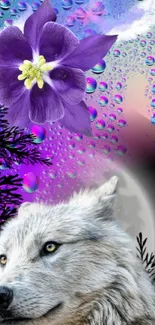 Wolf with purple flower and raindrop background wallpaper.