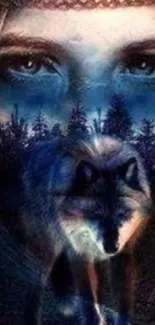 Mystical blend of wolf and forest scene with blue hues.