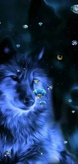 Mystical blue wolves and sparkling gems wallpaper.