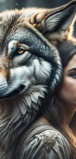 Mystical wallpaper with a wolf and girl in a dreamy forest.