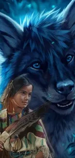 Mystical artwork of a girl with a giant wolf.