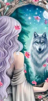 Fantasy art of woman and wolf in a mystical forest with flowers.