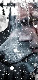 A man fused with a wolf under a snowy moonlight sky.