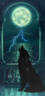 Silhouette of a wolf howling under a glowing full moon amidst a mystical scene.