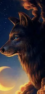 Mystical wolf with crescent moon in starry sky wallpaper.