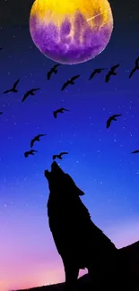 Silhouette of a wolf under a vibrant purple moon with flying birds.