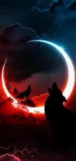 Mystical wolf silhouetted against red sky with crescent moon and lightning.