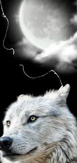 Artwork of a wolf under a bright full moon with clouds in a night sky.