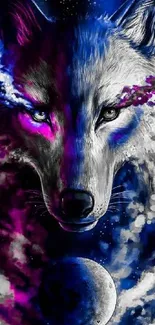 Mystical wolf art with cosmic purple and blue tones, featuring a moon.