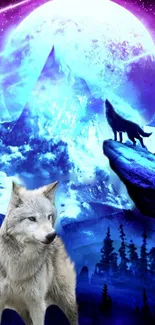 Mystical wolves howling under a vibrant purple moon on a mountain.