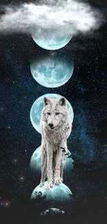 Mystical wolf standing with glowing moons and starry night background.