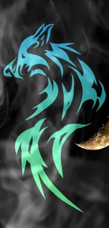 Mystical blue wolf with crescent moon on a smoky black background.