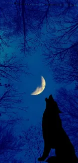 Silhouetted wolf howls at crescent moon in a cobalt blue night forest.