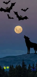 Wolf silhouette with bats & full moon in a mystical night scene.