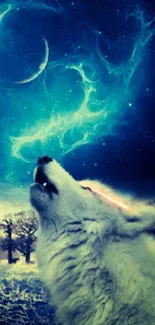 Wolf howling at a mystical blue moon in a starry night sky.