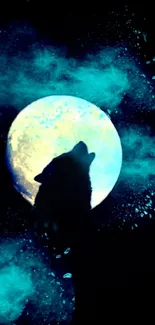 Silhouette of a howling wolf against a blue moon and night sky.