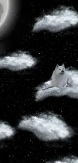 White wolf resting on clouds beneath a glowing moon in a starry night sky.