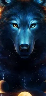 Mystical wolf with celestial elements wallpaper in dark blue hues.