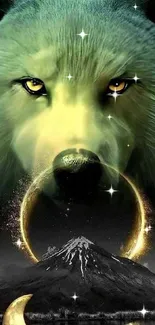 Mystical wolf with glowing eyes above a crescent moon.