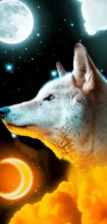 A mystical wolf gazes at the moon under a starry night sky with orange clouds.