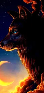 Mystical wolf with a crescent moon and night sky background.